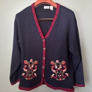 Women’s Lucia Sz L blue 3D embroidered vintage attractive rare cardigan sweater
